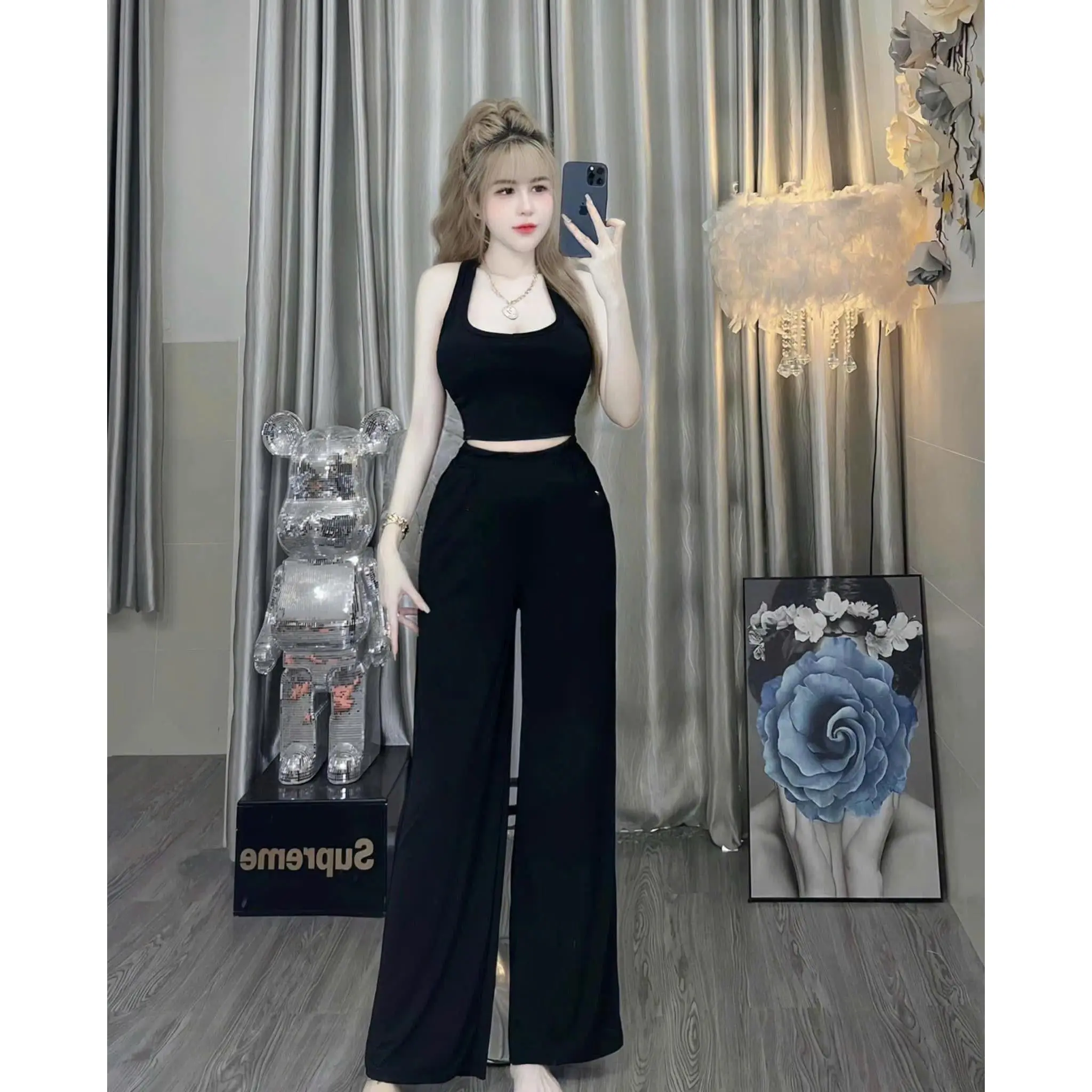 Set áo sát nách kèm quần dài ống rộng chất thun gân co giãn thích hợp mặc ở nhà đi chơi đi dạo