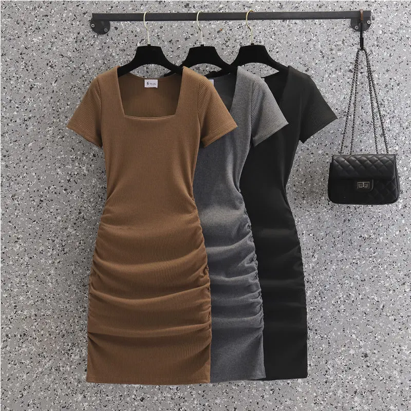 4XL/plus Size 100kg Short Sleeve Dress Women Mini Folds Slim Solid Sexy Girlish Club Party Cool Streetwear Female French Style Summer Vestidos Young Casual Womenswear