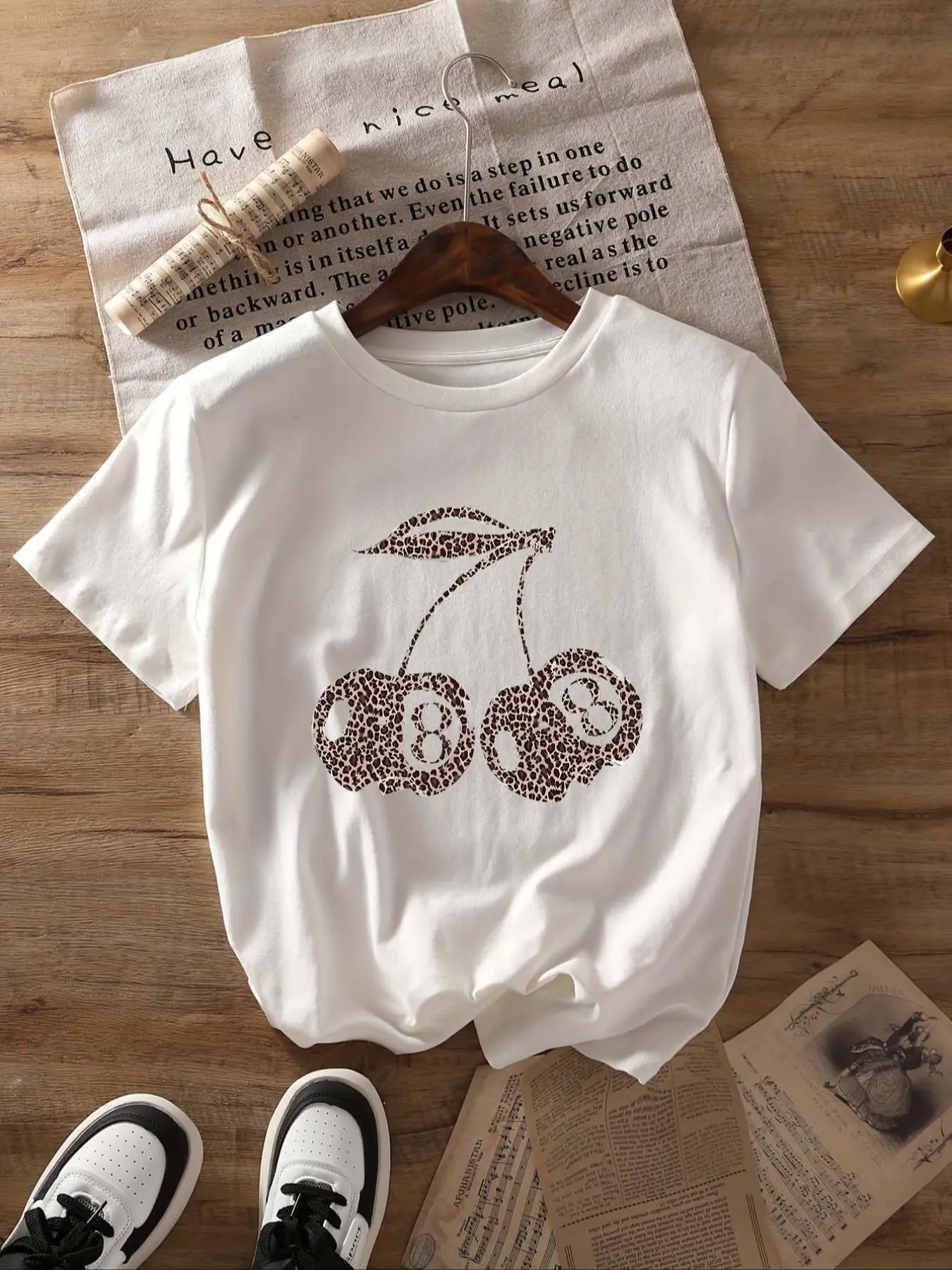 Women's Leopard Cherry Print Round Neck Tee, Casual Short Sleeve Crew Neck Graphic Print T-Shirt for Summer, Fashion Women's Top for Daily Wear
