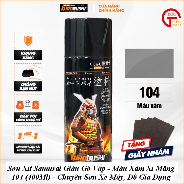 Sơn Xịt Samurai Giàu Gò Vấp - Màu Xám Xi Măng 104 (400Ml) - Chuyên Sơn Xe Máy, Đồ Gia Dụng