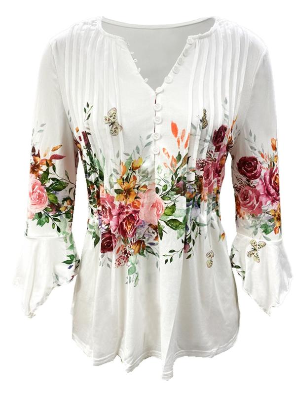 Women's Floral Print Button Front Peplum Tee, Elegant Flounce Sleeve Round Neck Top for Spring & Summer, Women's Clothing for Daily Wear, Summer Clothes for Lady, Womenswear for Summer 2