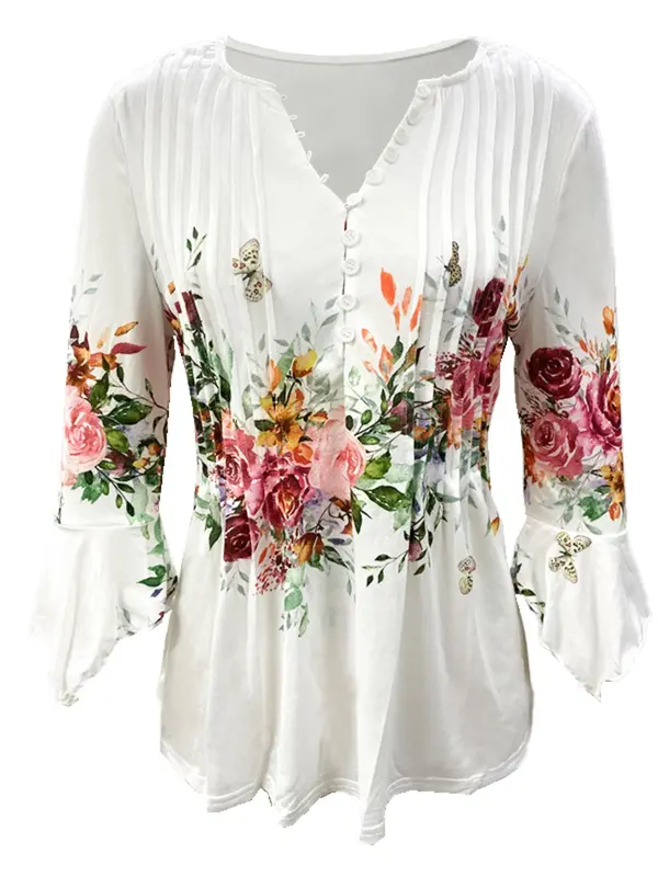 Women's Floral Print Button Front Peplum Tee, Elegant Flounce Sleeve Round Neck Top for Spring & Summer, Women's Clothing for Daily Wear, Summer Clothes for Lady, Womenswear for Summer 2
