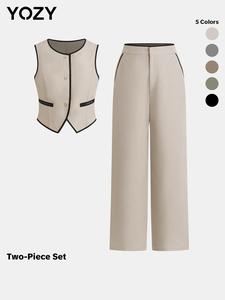 YOZY Two-piece Set Women's Contrast Binding Button Front Vest Blazer & Wide Leg Pants, Elegant Fashion Casual Outfits for Daily Outdoor Wear, Women Clothing for Spring & Fall，Valentine's Day Gift for Girl, Womenswear