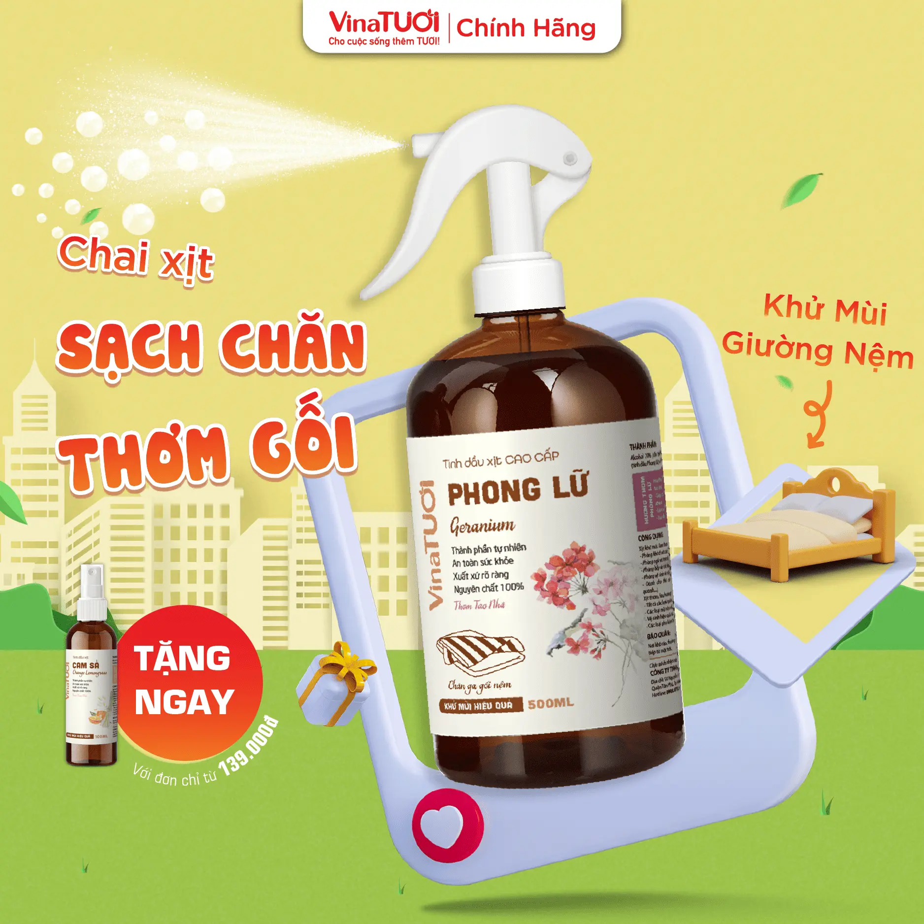 Chai Xịt Thơm Chăn Ga Gối Đệm VINA TƯƠI 100ml-500ml Khử Khuẩn, Khử Mùi, Vệ Sinh Giặt Khô Nệm