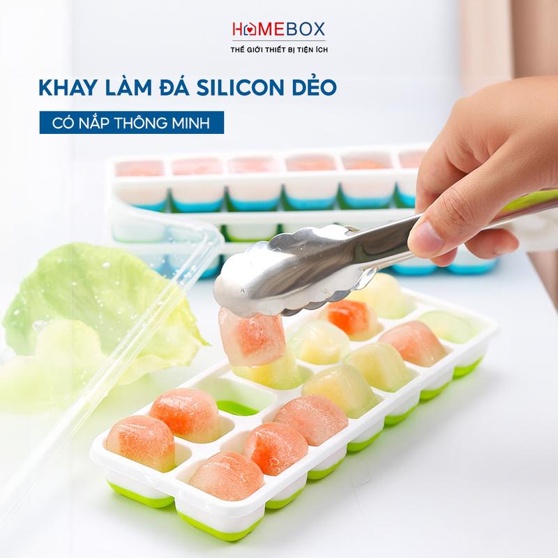 COMBO 5 Khay Làm Đá Silicon Có Nắp Đậy 14 Viên Khuôn Làm Đá Làm Thạch Kháng Khuẩn Chống Mùi Tiện Lợi