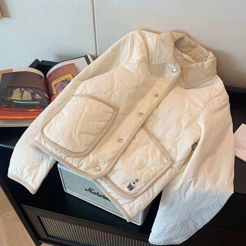 Áo Khoác Cotton, Phong Cách Hàn Quốc, Thêu Gấu Hình Thoi, Áo Khoác, Dành Cho Nữ, Mùa Thu Và Mùa Đông, Hàng Mới Về 2024, Ve Áo Khâu, Quần Áo Ngắn