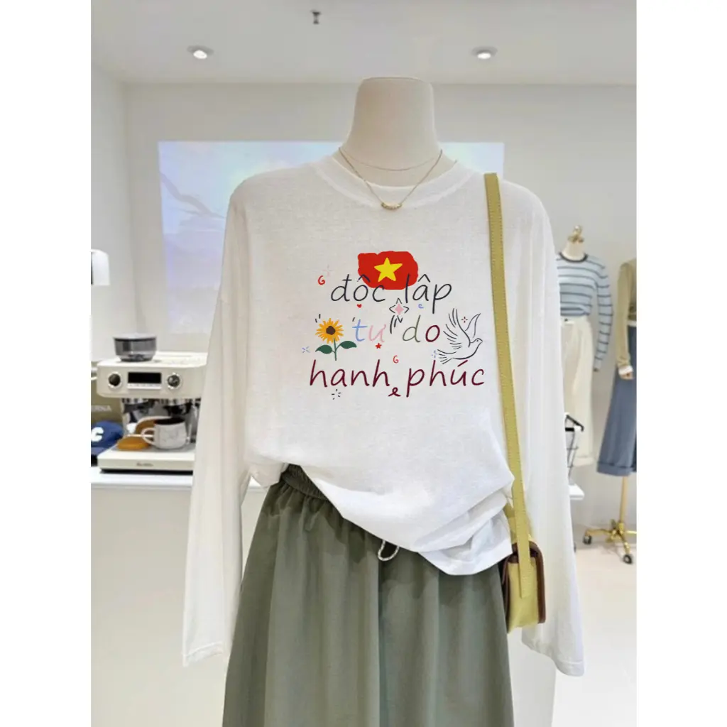 Áo Thun Tay Dài Trắng Xược ĐỘC LẬP - TỰ DO - HẠNH PHÚC - NEONVN Chất cotton xược mỏng nhẹ, mềm mại mùa hè, chống nắng
