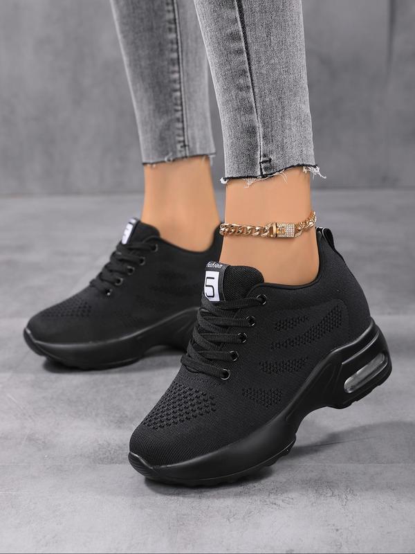 Women's Simple Design Plain Lace Up Round Toe Wedge Sneakers, Girl Casual Comfortable Letter Label Decor Wedge Trainers for Daily Footwear, Girlfriend Gifts 2