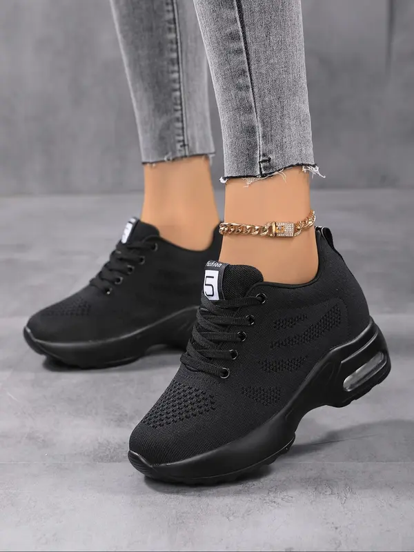 Women's Simple Design Plain Lace Up Round Toe Wedge Sneakers, Girl Casual Comfortable Letter Label Decor Wedge Trainers for Daily Footwear, Girlfriend Gifts 2