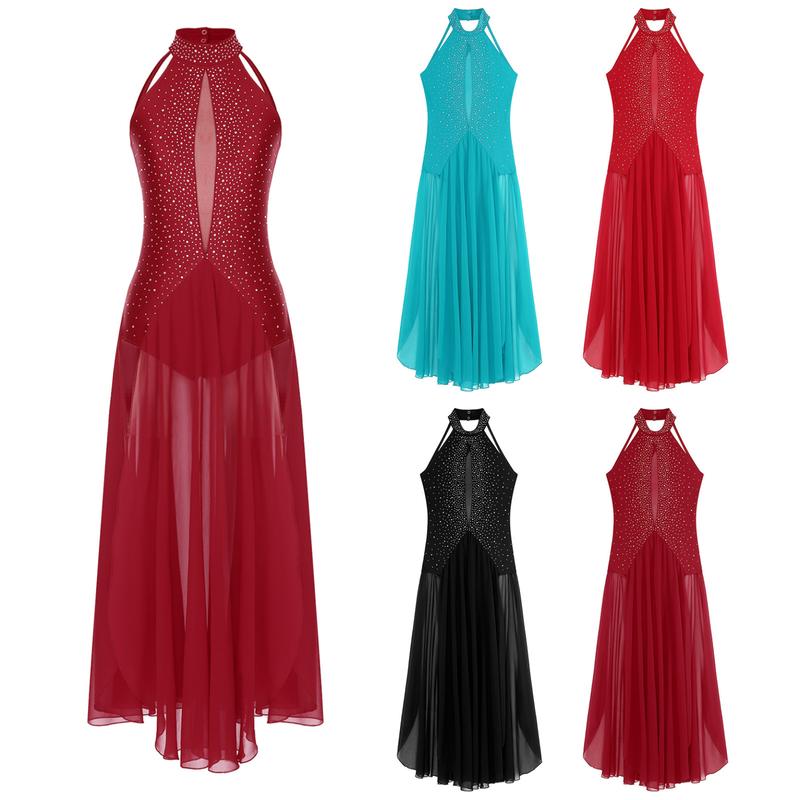 Jizyo Women Lyrical Dance Dress Halter Strappy Back Leotard Mesh Split Maxi Skirt Modern Dance Costume 6