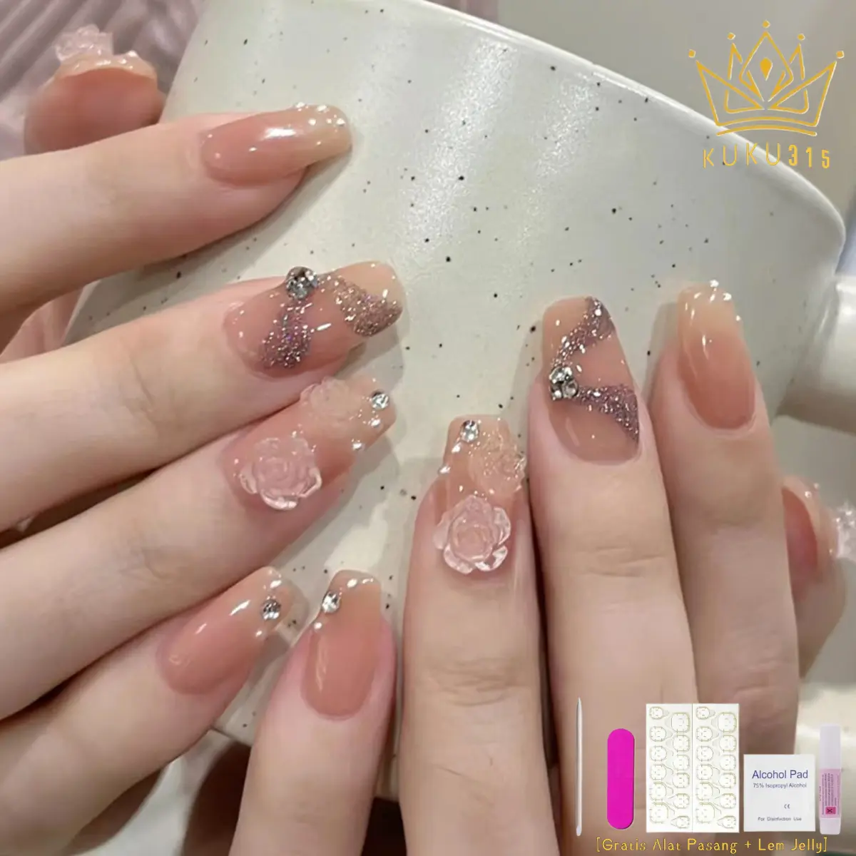 [Kuku Palsu Bunga] [Gratis Alat Pasang + Lem Jelly] 24Keping Kuku Palsu Dan Lem Kuku Palsu Nail Art Dan Lem Kualitas Premium Bisa Dipakai Berulang