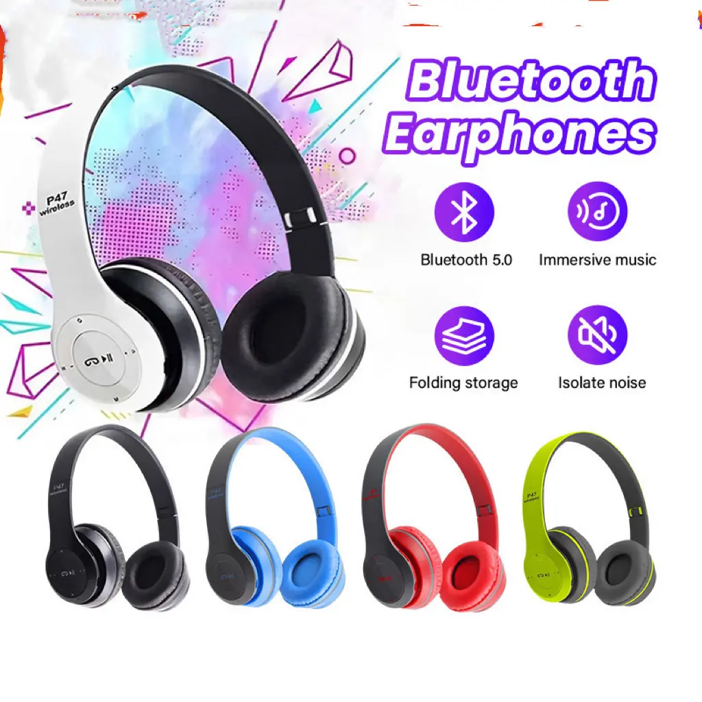 P47 Wireless Bluetooth On-Ear Headphone Headset With Microphone Noise Cancellation Audio Automatic Cable Charging Remote Usb Chargeable Earbud Electronic