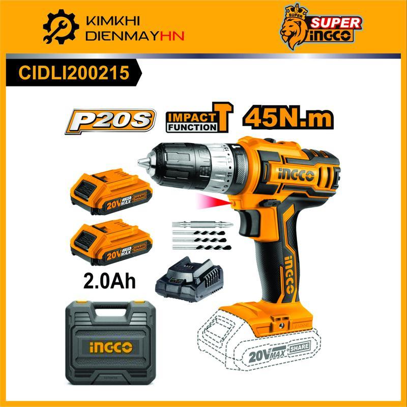 Máy khoan 3 chức năng dùng pin 20V INGCO CIDLI200215 nhông hai tốc độ 400-1500v p lực đập 22500v p