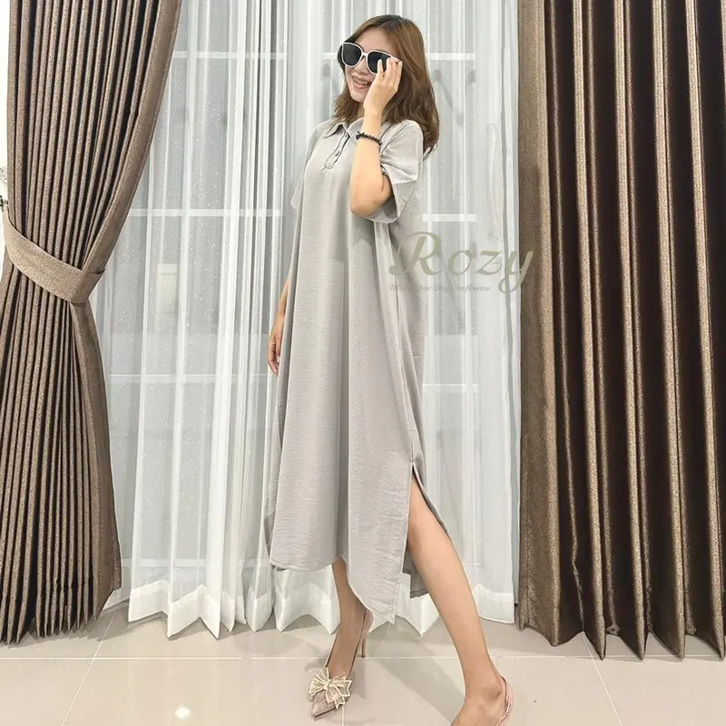 Rozy - Long Dress Button Cringkel Baju Midi Casual Panjang Wanita Gaun Hitam Simple Baju Pesta Pendek 3