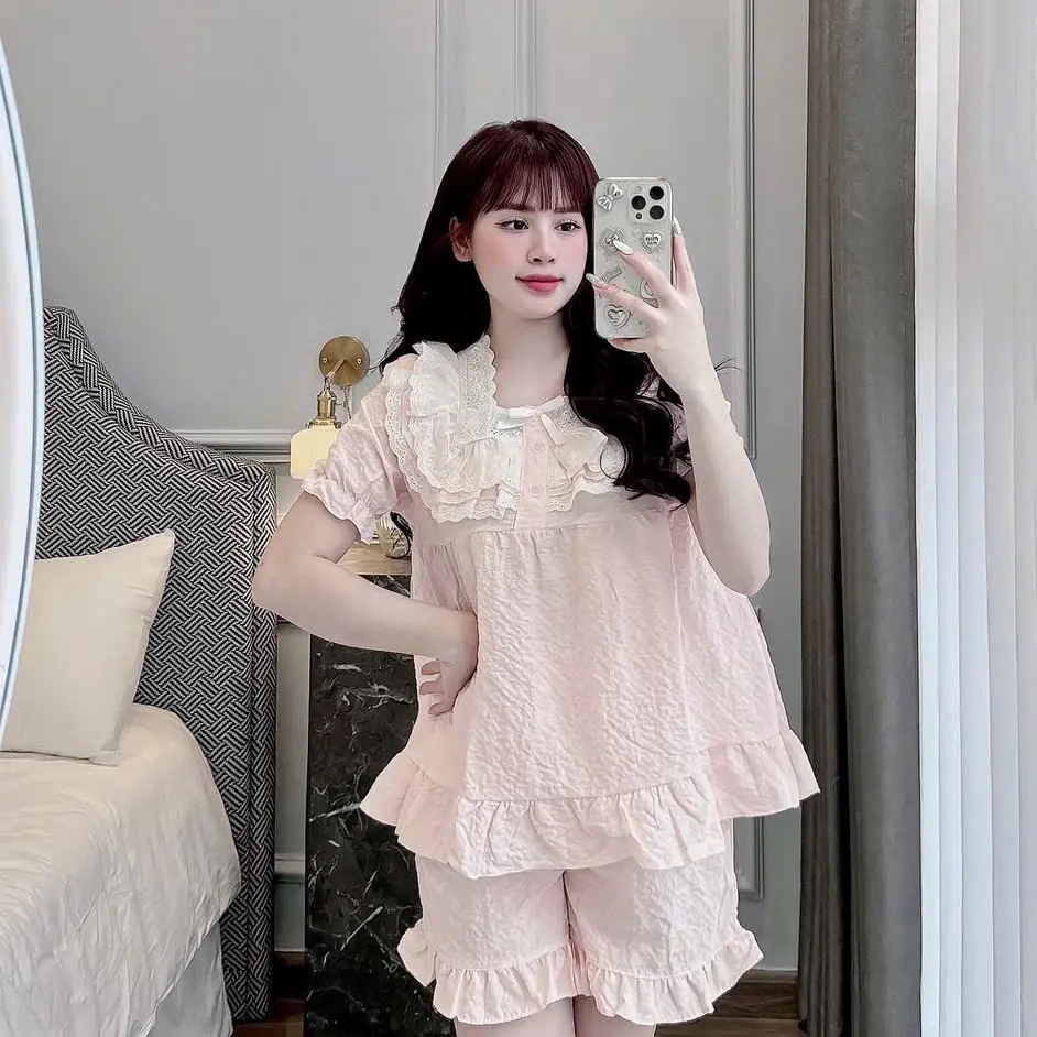 (40-58kg) Bộ đồ pijama cộc tay cổ vuông màu pastel đũi xốp phối ren tiểu thư xinh xắn Nữ Women Quần Ngủ - Tím - Nhung