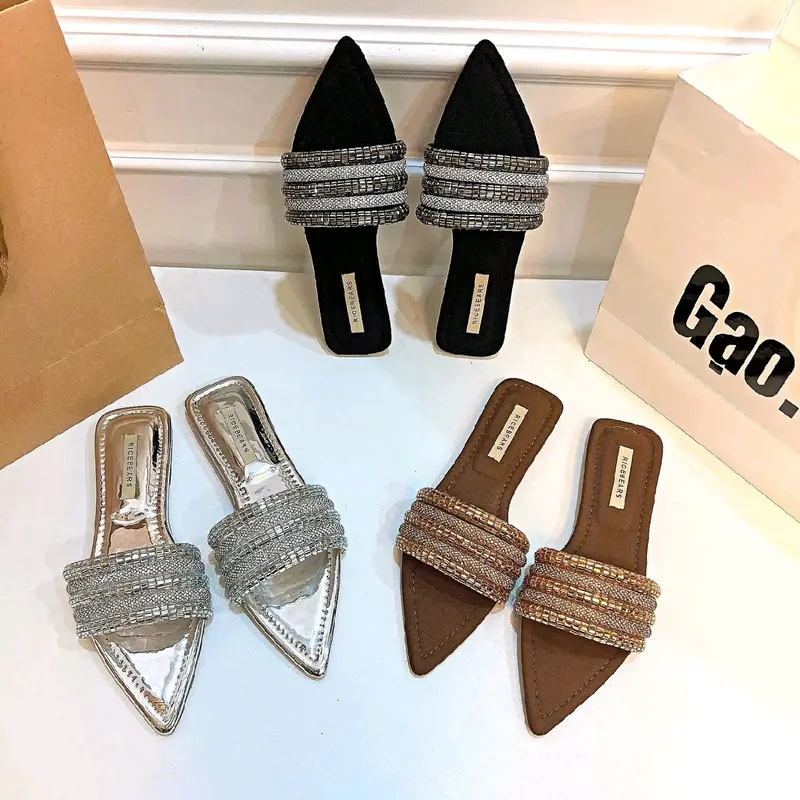 Gạo.Shoes (CÓ BIGSIZE) - Dép Lê Nữ Mũi Nhọn, Quai Ngang Dây Đá So Le, Đế Cao Cấp Chống Trơn Trượt. 7