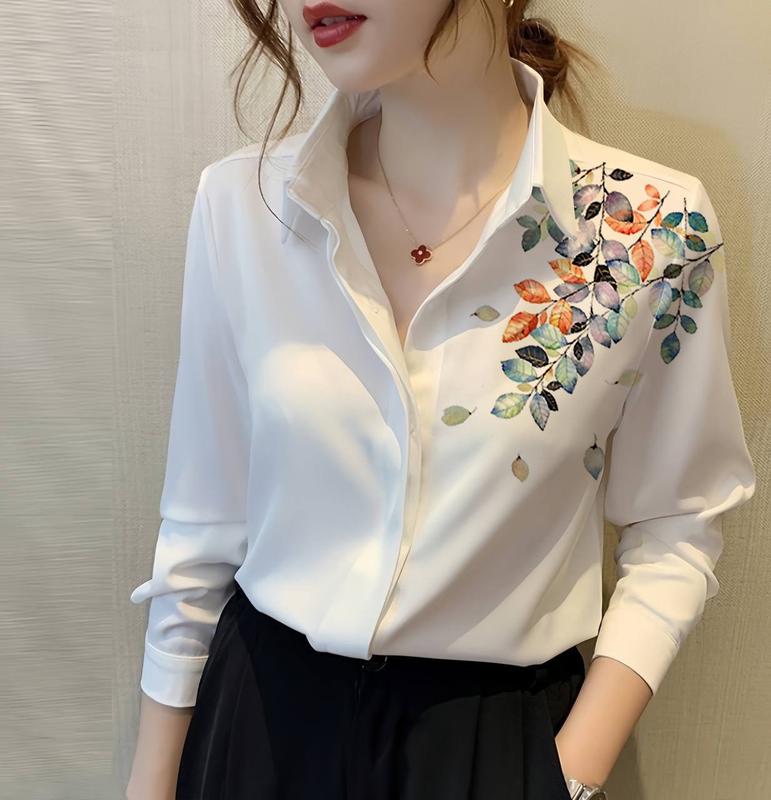 Áo sơ mi nữ dài tay đẹp hình in sắc nét kiểu dáng Hàn Quốc không nhăn chất cotton lụa Women Top