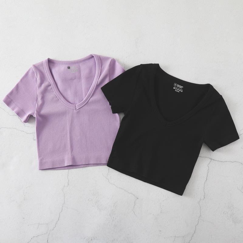 Product Introduction of European and American Yoga Wear Sexy Stretch Yoga Seamless Sports Top Short Sleeve V-Neck Slim Fit Solid Color Ribbed T-Shirt 12