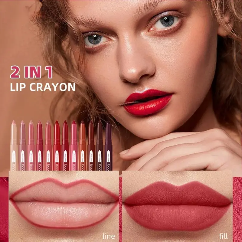 2-in-1 Lip Liner Waterproof Long Lasting Matte Lipstick Pencil Nude Pink Lips Outline Makeup Crayon Stick Lip Tint Line Cosmetic