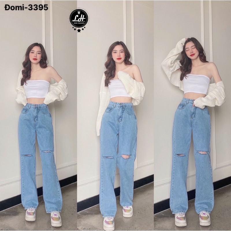 Product Introduction of Quần jean ống rộng nữ rách gối 2 line cạp cao Lê Huy Fashion màu xanh đậm MS 3395 3