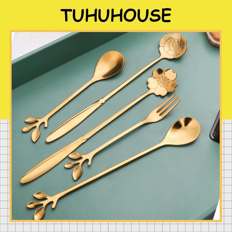 Thìa inox nĩa muỗng inox hình hoa lá, muỗng cà phê inox, thìa dài uống trà hai màu vàng bạc sang trọng - Tuhu’s House