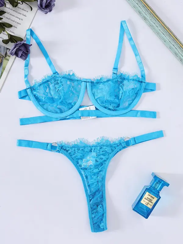 Womenswear Minimalist Lace Bra & Thong Set, Breathable Adjustable Strap Wireless Bra & Ring Linked Panty Sexy Lingeries Set, Valentine's Day Gift, Summer Wear 2024, Comfortable Co Ord Underwear Set, Tall Clothing Women 2