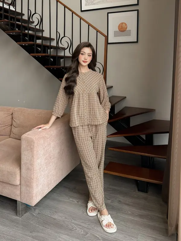 Bộ quần áo kẻ caro - K2511,pijama nữ đồ mặc nhà Lila dáng babydoll cổ tàu chất thô cotton, mềm mịn,thoáng mát 5