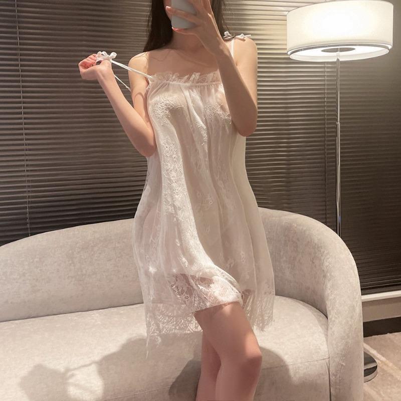 Product Introduction of Strap Top Nightgown, Women's Summer Sleepwear, Ice Silk, Black Mesh, Plus Size Lace, Low Cut Skirt, Spring Home Wear 11