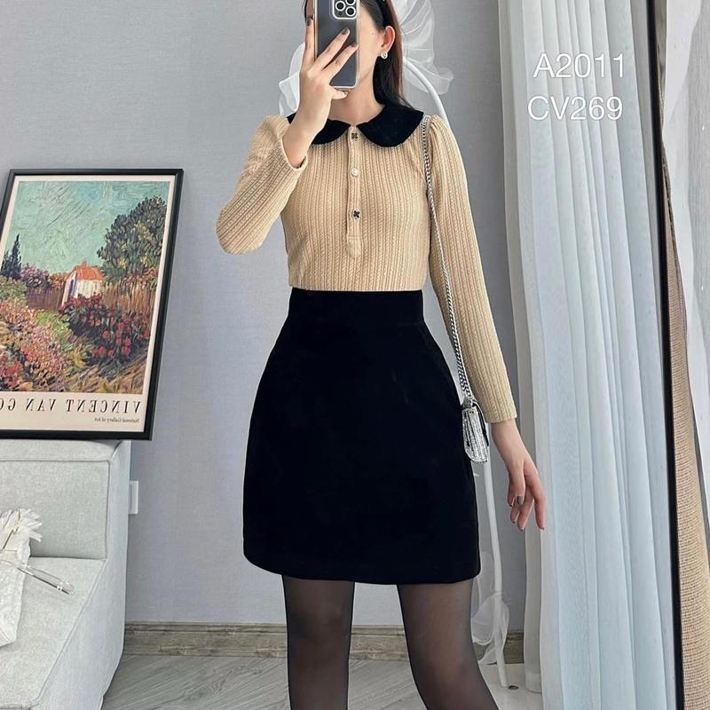 Guanfashion Chân Váy Chữ A Vải Nhung Có Lót Quần Có Túi 2 Bên Dáng Ngắn Nữ Voi Women Đen Mã CV28