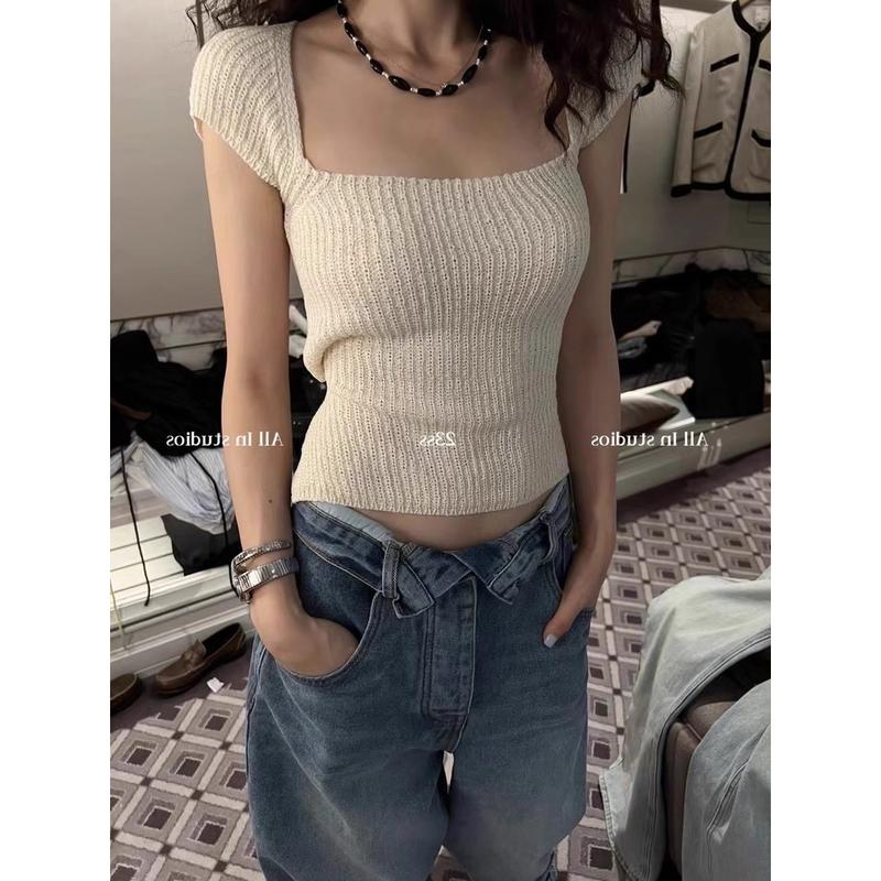 Áo Ren Lưng, Áo Dệt Kim ngắn Tay Cổ Vuông, Dành Cho Nữ, Bán Chạy Vào Mùa Hè, Thiết Kế Buộc Dây