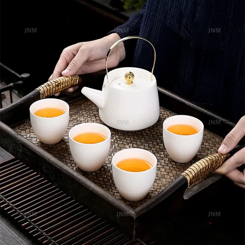 White Porcelain Teapot Set Ceramic Handle Pot Suet Jade White Porcelain Teapot Kung Fu Tea Set Tea Pot and Cup Set Kettle
