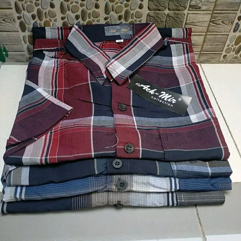 Kemeja Salur Pria Casual Lengan Pendek Kotak Kotak Hem Pria Kantor Motif 0