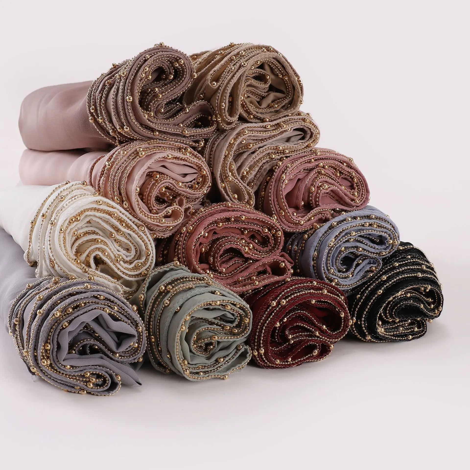 New Fashionable High-End Solid Color Long Silk Cardboard Imitation Silk Stitched Metal Bead Chain Long Scarf Headscarf for Women