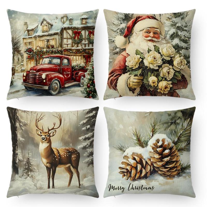 Product Introduction of Christmas Themed Pillow Case, 4 Counts/set Santa Claus & Animal Pattern Cushion Cover without Filler, Square Pillow Cover for Home Decor 8