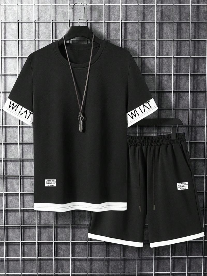 Product Introduction of Plus Size Men's Letter Print Tee & Shorts Set, Crew Neck Short Sleeve T-Shirt & Shorts PJ Set, Casual Comfy Men's Sleepwear & Loungewear Set for Summer 6