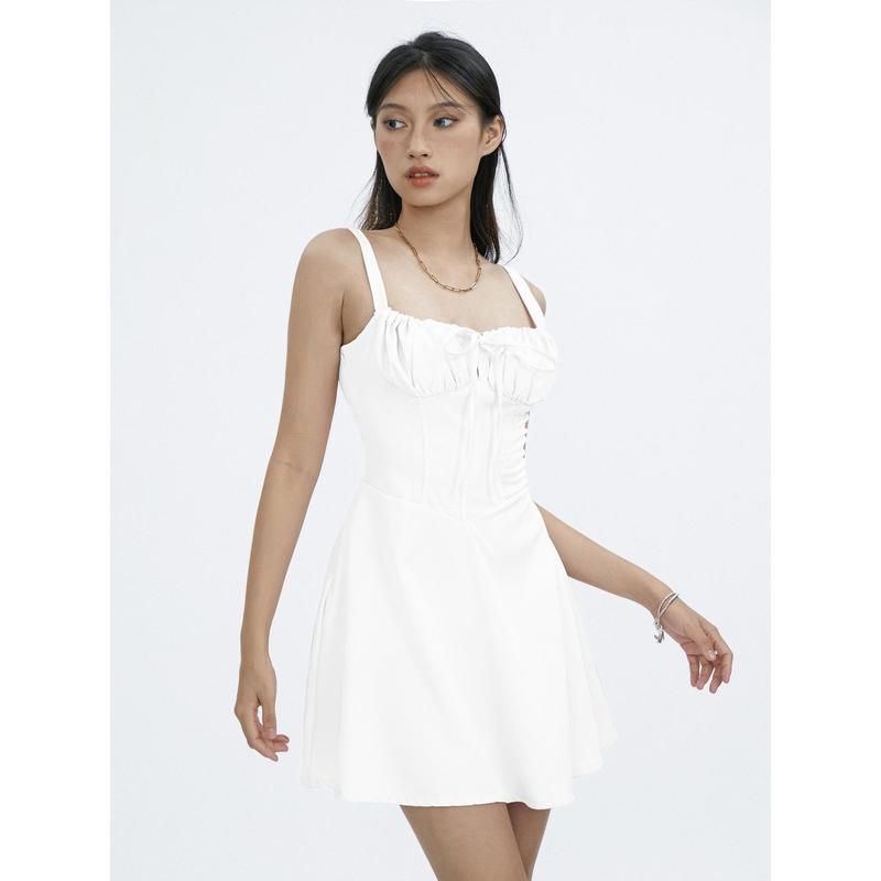Product Introduction of SUPER-Women Summer Solid Color Tie-Up Fishbone Corset Waist Shaping Sleeveless Short Dress 36