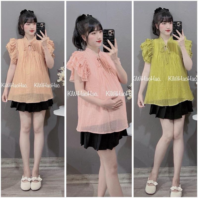 ÁO BẦU (A03). Áo Bầu Tằm 2 Lớp Cộc Tay, Tay Bèo Cánh Tiên 3 Tầng  . Dáng Áo  babydoll 2 lớp. nhiều mầu Nữ Women Top