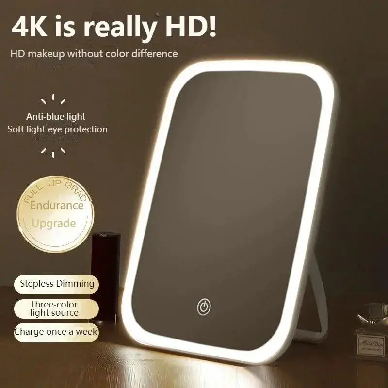 LED Makeup Mirror with Stand Desktop Folding Compact White Square Travel Cosmetic Mirror with Light 3 Color Light Vanity Mirror