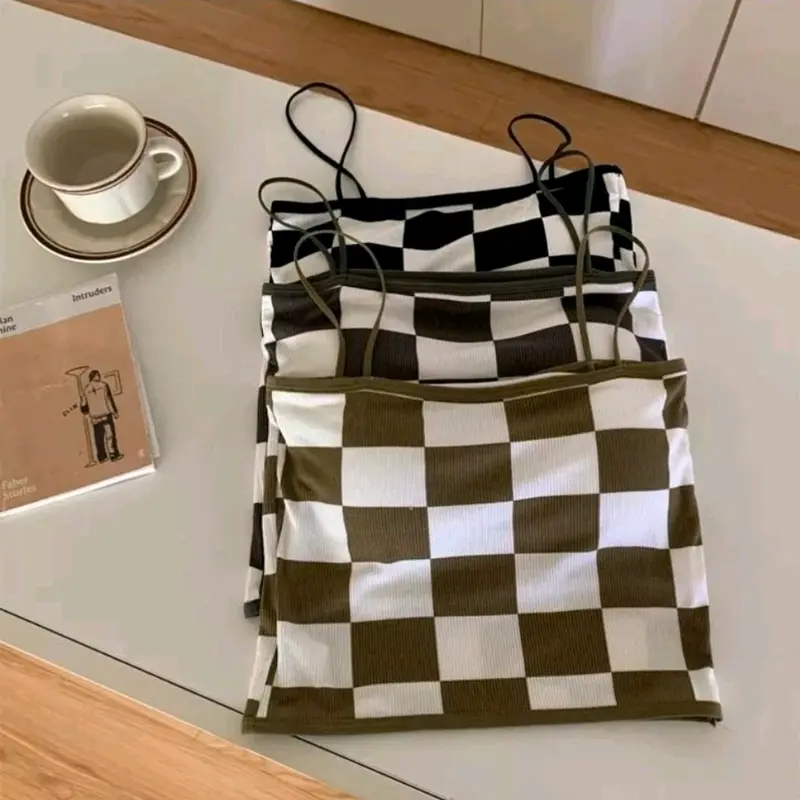 Paket Murah 6Pcs Tanktop motif kotak dengan cup BH singlet wanita tanpa kawat murah FS 4