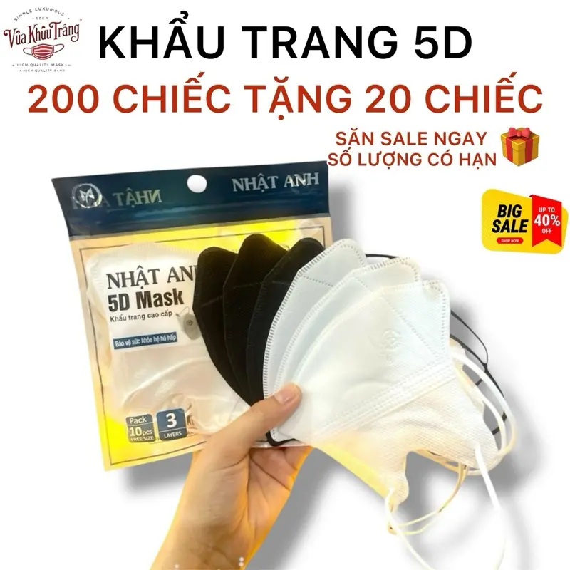 200 Chiếc + Tặng 20 Khẩu Trang 5D Nhật Anh Siêu Mềm – Thoáng Khí