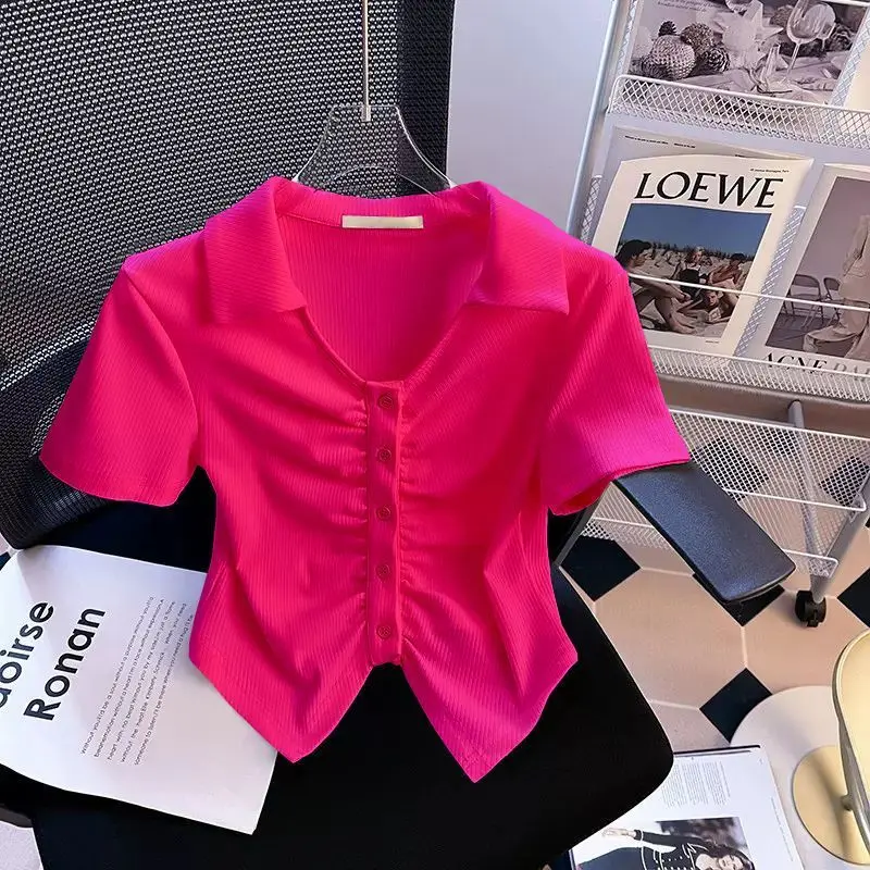 Áo Phông Ngắn Tay, Cổ Polo, Dành Cho Phụ Nữ, Ôm Sát, ngắn Cropped Xén, Áo Phông Xẻ Tà Thuần Khiết, Áo BM, Mùa Hè