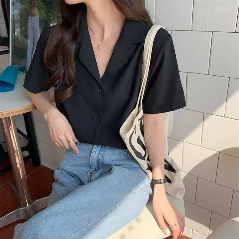 DiaryFashion - Blus Kemeja Formal Wanita Lengan Pendek Gaya Korean Style 1