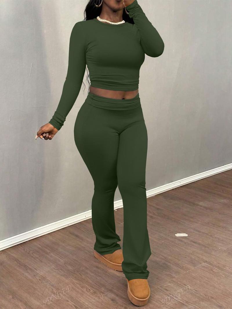 Product Introduction of Women's Solid Color Ruched Tee & Flare Leg Pants Set, Casual Long Sleeve Round Neck Top & Bell Bottom Trousers Two Piece Set for Fall & Winter, Women's Clothes for Daily Wear， Rave 2 Piece Set 11