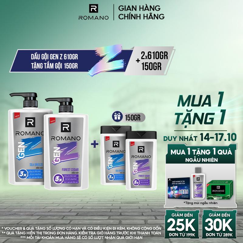Combo 2 Dầu gội Dưỡng Tóc cho nam Romano Gen Z 610g + Tặng kèm Dầu gội 150g (ngẫu nhiên)
