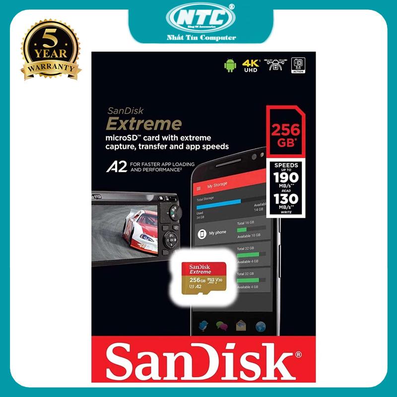 Thẻ Nhớ MicroSDXC SanDisk Extreme 256GB V30 U3 4K A2 đọc 190MB s ghi 130MB s - phù hợp flycam camera điện thoại máy tính bảng máy quay máy game Vàng