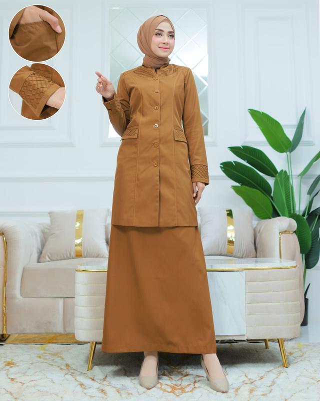 Seragam Kerja Tunik Stik Kotak Blazer Khaki Tua Setelan Rok Span/Rok.A/Celana Panjang/Atasan Saja Katun Free Hijab Putih Wanita 4