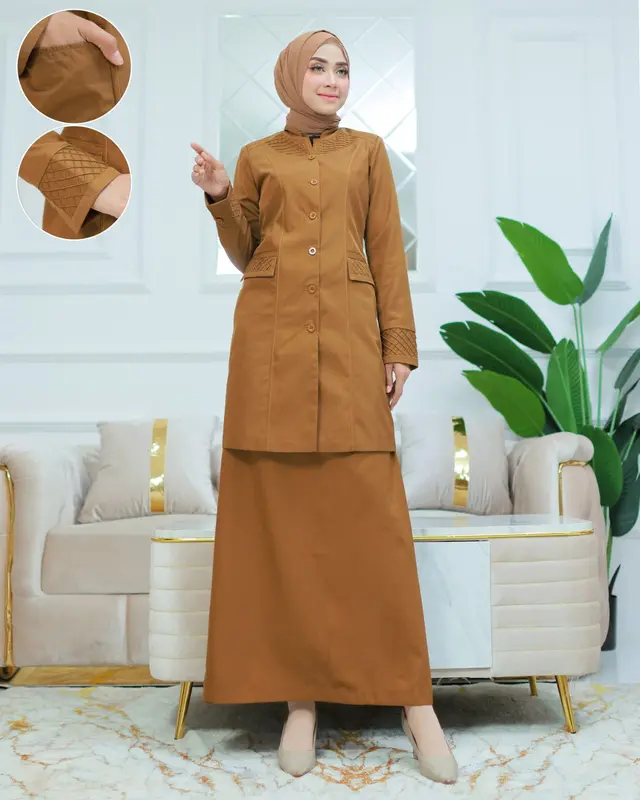 Seragam Kerja Tunik Stik Kotak Blazer Khaki Tua Setelan Rok Span/Rok.A/Celana Panjang/Atasan Saja Katun Free Hijab Putih Wanita 4