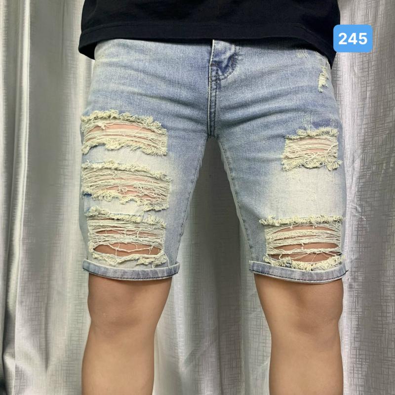 Quần short jean nam 245 màu xanh nhạt rách gối co giãn, quần sọt jean nam, quần đùi jean, quần jean nam ngắn, quần rin nam ngắn, co giãn size ( 40 - 75kg ) Menswear Pants Có Túi
