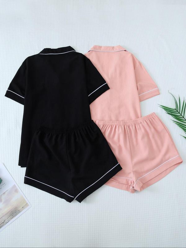 Women's Heart Print Contrast Binding Pj Set, Pocket Collared Shirt & Shorts Loungewear Set, Summer Wear 2024, Valentine's Day Gift, Casual Comfy Women's Sleepwear, Summer Clothes Women Valentine's Day 4