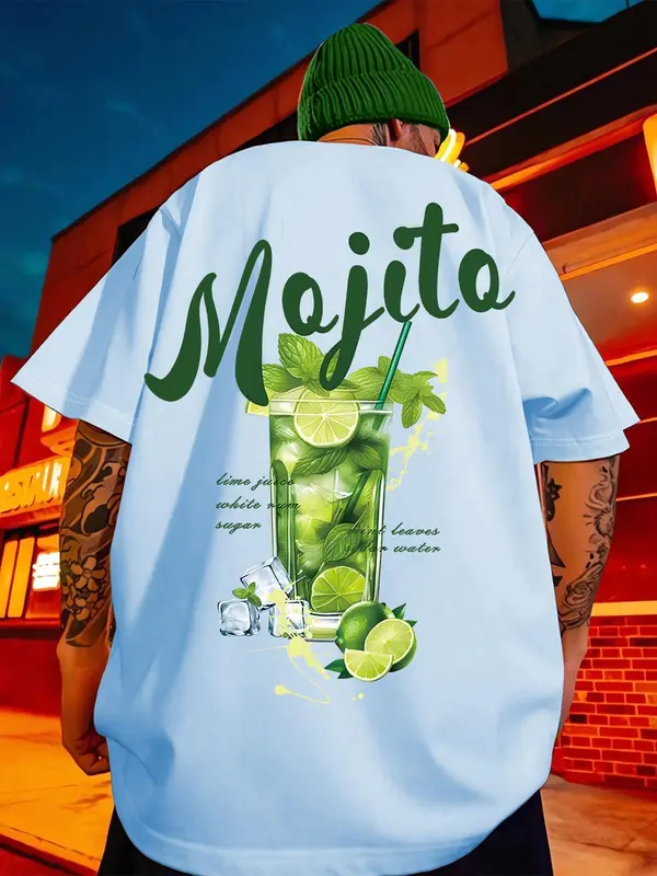 Men's Mojito Cocktail Print Round Neck Tee, Regular Fit Casual Short Sleeve T-shirt, Men's Summer Top for Daily Wear, Tropical 2